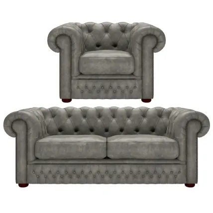 Knightsbridge 3 Seater Sofa and Chair Distressed Grey Black Studs